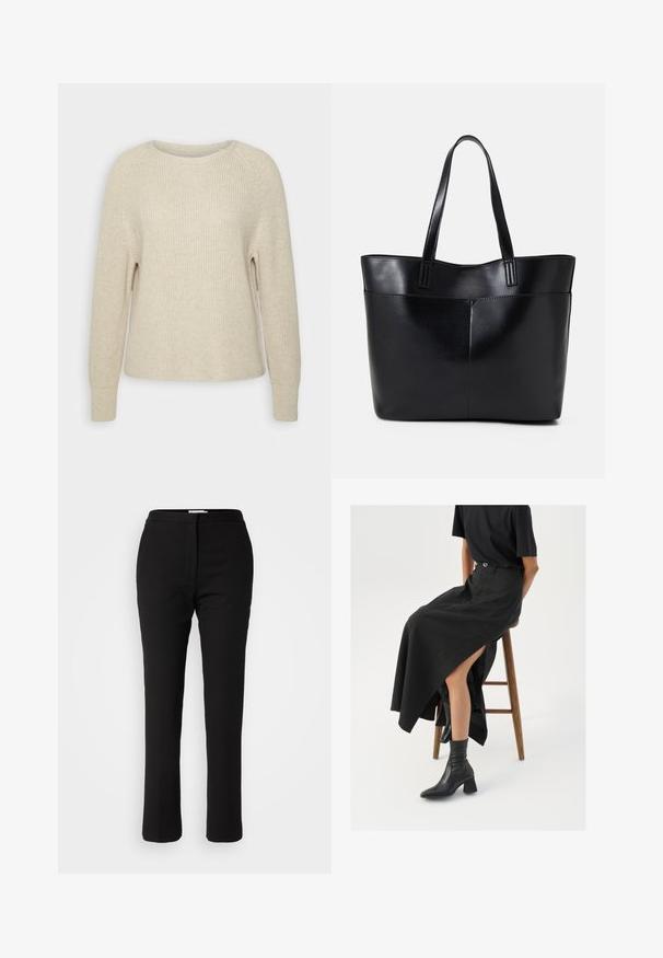 Svetlorožový pletený sveter s okrúhlym výstrihom, raglánovými rukávmi a rebrovanými manžetami. Textúra je mäkká s uvoľneným strihom a minimálnym zdobením.; Čierne nohavice na mieru so strihom rovného nohu, vyrobené z hladkej tkaniny. Majú plochý predný panel a štandardný pás. Bez vreciek.; Čierna ľanová maxi sukňa s vysokým rozparkom, nosená s čiernym tričkom a čiernymi členkovými čižmami. Minimalistický dizajn s voľným strihom.; Čierna kožená tote taška s dvoma dlhými rúčkami, hladkým povrchom a štruktúrovaným tvarom. Obsahuje prednú kapsu pre dodatočné uskladnenie.