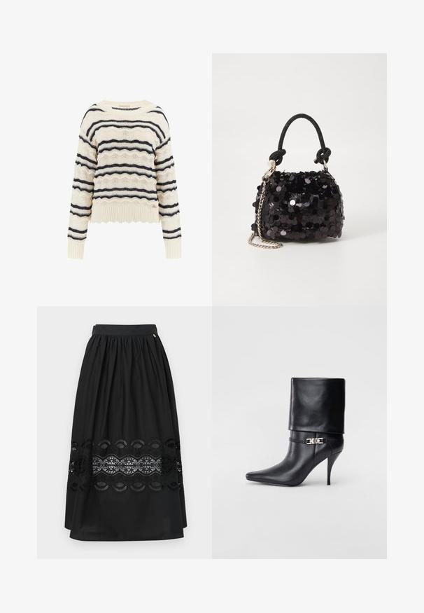 Krém színű pulóver tengerészkék vízszintes csíkokkal, textúrált hullám mintával. Bordázott alsó szegély és mandzsetta, valamint rövidített fazon.; Fekete szoknya sima anyagból, rugalmas derékrésszel, hullámos mintájú csipke betét a szegélyén.; Fekete bőr bokacsizma hegyes orral, magas stiletto sarokkal, hajtott szegéllyel és arany díszcsattal a bokán.; Fekete flitteres mini kézitáska csomózott textúrájú pánttal és ezüst lánccal. Lekerekített forma, ráncolt tetejével és fényvisszaverő részletekkel.