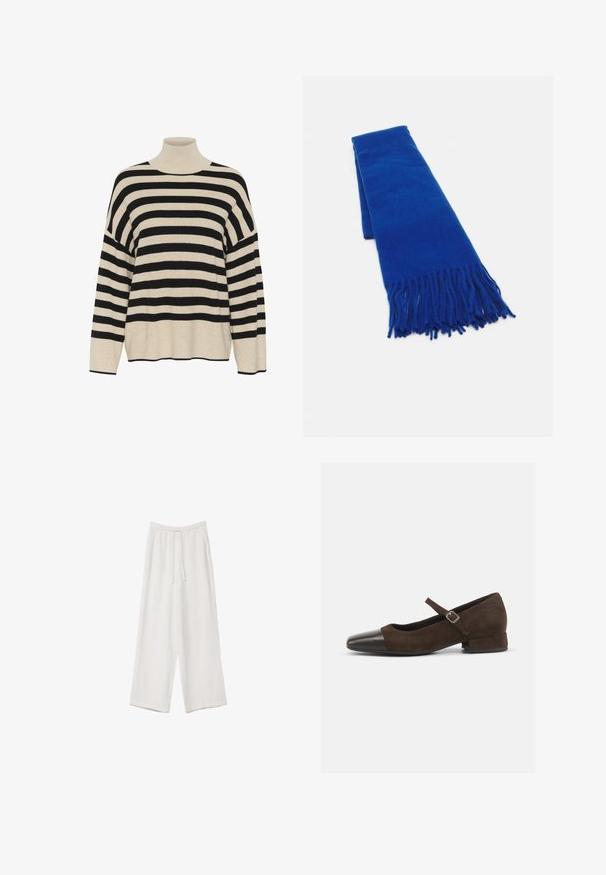 Kremowy sweter z golfem, w czarne paski, o prążkowanej fakturze, luźnym kroju, szerokich rękawach i prostym hemie. Brak widocznych elementów metalowych lub dodatków.; Białe spodnie o szerokich nogawkach wykonane z lekkiego materiału. Posiadają elastyczny pas z sznurkiem i boczne kieszenie. Gładka tekstura.; Brązowe zamszowe buty typu Mary Jane z czarnym lakierowanym noskiem, regulowanym paskiem i niskim, blokowym obcasem. Gładka tekstura z minimalnymi akcentami.; Niebieski pleciony szalik z frędzlami na końcach, gładka tekstura, prostokątny kształt i jednolity kolor na całej powierzchni. Odpowiedni na zimną pogodę.