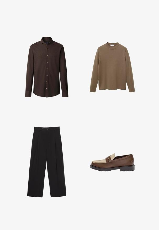 Maglione marrone a maniche lunghe con collo a giro, realizzato in materiale liscio e morbido; presenta una vestibilità rilassata e un orlo dritto.; Camicia a maniche lunghe di colore marrone scuro, con colletto a punta e logo ricamato discreto sul lato sinistro del petto.; Pantaloni neri a gamba larga realizzati in tessuto morbido, con vita piatta, pinces frontali e chiusura con un bottone.; Mocassino in pelle marrone con accentuazione in pelle beige e dettagli di cucitura. Presenta una suola nera a bassa trama e un design classico.