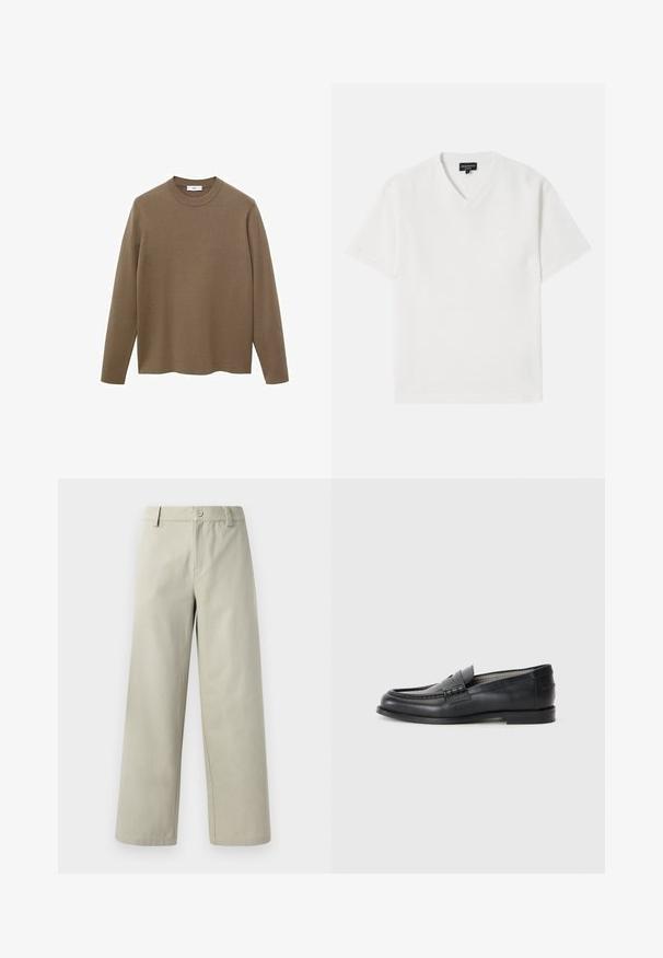 Rjav dolg rokav pulover s krožnim izrezom, narejen iz gladkega, mehkega materiala; ima sproščen kroj in raven rob.; Bela kratka majica s V-izrezom, izdelana iz teksturirane tkanine z nevsiljivim vzorcem. Ima majhen logotip na prsih.; Han Kjøbenhavn WIDE LEG - Hlače - light grey; Črne usnjene loaferske čevlje z gladkim zaključkom, zaobljenim nosom, dekorativnim trakom in minimalističnim dizajnom. Imajo nizek blokast peto.