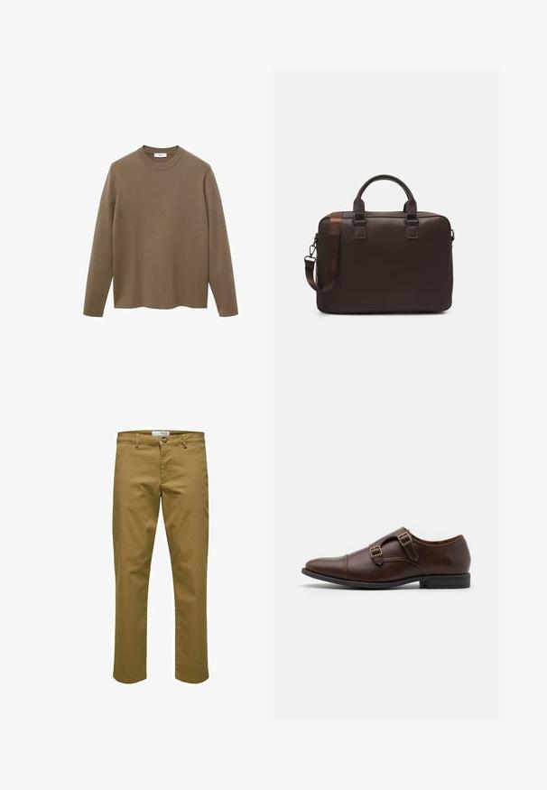 Brun langærmet sweater med rund hals, lavet af glat, blødt materiale; har en afslappet pasform og lige kant.; Brune bomuldsbukser med lige pasform, frontknaplukning, bæltestropper og to sidelommer. Glat tekstur med et afslappet design.; Brune læder dress sko med spids tå, udstyret med to justerbare spænder og et slankt, lavt profil design. Flad sort gummisål.; Brun læder laptop taske med en tekstureret overflade, dobbelte top hanke, justerbar rem og to front spænder for ekstra detaljer.