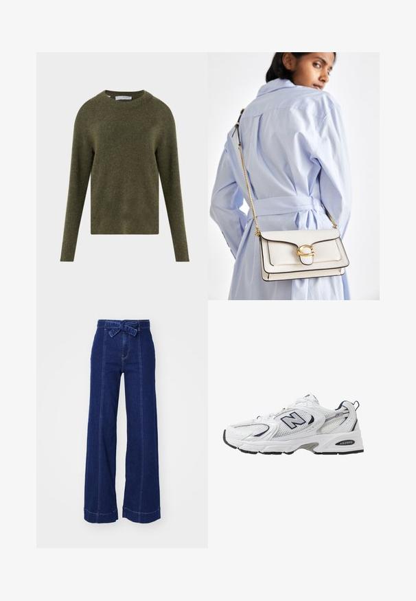 Vuneni džemper maslinasto zelene boje s okruglim dekolteom, dugim rukavima i rebrastim manžetnama, uparen s tamnim trapericama i crnim remenom. Mekana tekstura.; Bijela majica s kratkim rukavima, okrugli izrez, izrađena od mekog, glatkog pamučnog materijala, sa ravnim rubom i minimalnim detaljima. Jednostavan i svestran dizajn.; Široke tamne traperice s visokim strukom, koje imaju pojas s prednjim vezanjem i kontrastne šavove uz bočne šavove i rubove.; Bijela atletska cipela s mrežastim gornjim dijelom, mornarskim akcentima i podstavljenim potplatom. Sadrži "N" logo, vezice i teksturirani detalj sa strane.; Bijela kožna torba s zlatnim detaljima, prednjim preklopom i crnim rubom, s remenom od lanca nosi se preko tijela uz svijetloplavu košulju.