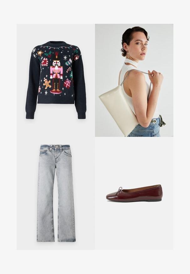 Marinblå tröja med festliga stickade mönster, inklusive en nötknäppare, pepparkaksgubbe, godiskäppar och paket med flerfärgade accenter.; Ljusblå denimjeans med breda ben. Standard midja, femficksdesign och synlig sömnad längs sömmarna.; Burgunderfärgad lackläderballettskor med rund tå, liten rosettdekoration fram och en låg, svart gummisula. Slät textur.; Vitt rektangulärt clutch-väsk i glänsande material, med en kedjesnor i silver. Modellen poserar och visar upp väskan mot en neutral bakgrund.