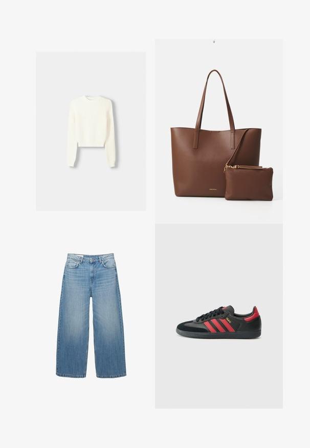 Bershka ROUND NECK - Vesta - beige; Svijetloplave široke traperice izrađene od denima, s klasičnim dizajnom pet džepova i zatvaranjem na gumb. Ispucala textura cijelim površinom.; Crne tenisice s crvenim prugama, od antilopa i kože, okrugli vrh, ravne vezice, strukturirana gumena potplat i zlatni detalji.; Smeđa torba od umjetne kože s dva duga ručka i odgovarajućom malom torbicom. Površina ima teksturirani uzorak i zlatne metalne detalje.