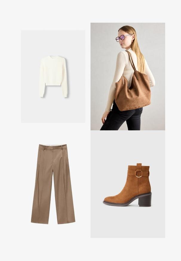 Bershka ROUND NECK - Vesta - beige; Hlače širokog kroja s visokom stražnjicom u toploj smeđoj nijansi, s prednjim nabiranjima i čistim završetkom, osmišljene za elegantan i udoban izgled.; Smeđa antilop čizma do gležnjeva s okruglim vrhom, blok potpeticom i dekorativnom trakom s detaljem kružne kopče.; Smeđa suede torba sa mekom teksturom, širokim otvorom i dugim trakama. Ima jednostavan dizajn s vidljivim šavovima i bez hardvera.