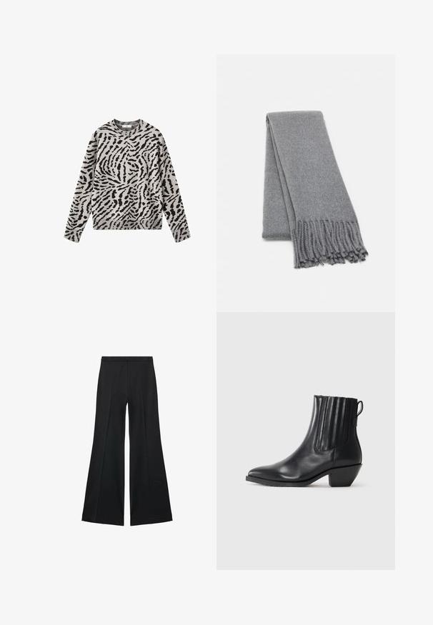 Pitkähihaisen crew neck -neuleen musta-harmaa eläinkuosilla, valmistettu neuloksesta.; Mustat leveälahkeiset housut, joissa on sileä pinta, etupuolella laskokset ja muotolaskettu malli. Kangas on kevyttä ja laskeutuvaa.; Musta nahkainen nilkkasaapas, jossa on joustavat sivupaneelit, terävä kärki ja blokki-korko. Sileä pinta ja tyylikäs muotoilu korostavat sen modernia tyyliä.; Harmaa villa huivi, jossa on pehmeä tekstuuri, hapsureunat ja yksinkertainen muotoilu. Huivi on taiteltu siististi, mikä korostaa sen pitkää muotoa.