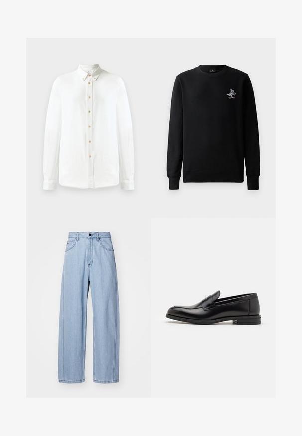 Mustavis sweatshirt, millekaelusega, pikkade varrukatega ja väikese, kirgliku tikandiga jänesest rula peal. Pehme kanga tekstuur.; Valge pikakäisteline nööpidega särk pehmest kangast, millel on klassikaline krae, rida ümaraid pruune nuppe ja nööpidega mansetid.; Heled sinise denimi teksased, laia sääre disainiga, ees taskutega, nööpide kinnitusega ning detailse õmblusega õmbluste ääres.; Mustad mustad nahast loafers sileda tekstuuriga, ümarat ninaosa ja dekoratiivne riba vampi üle. Madal kihiline konts, minimalistlik disain.