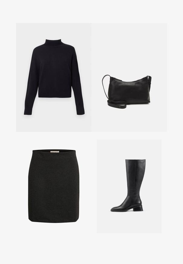 Pull col roulé noir à manches longues, en tricot doux, avec une longueur cropped et un col et des poignets côtelés.; Jupe à motif pied-de-poule noir avec un design ajusté, une silhouette droite et une texture lisse. Présente une taille pour un confort supplémentaire.; Bottillon en cuir noir hauteur genou avec un bout arrondi et un petit talon carré. Présente une texture lisse et des détails de couture minimaux.; Sac à épaule en cuir noir avec une texture lisse, une forme courbée, une bandoulière ajustable et une fermeture éclair. Design minimaliste sans embellissements.