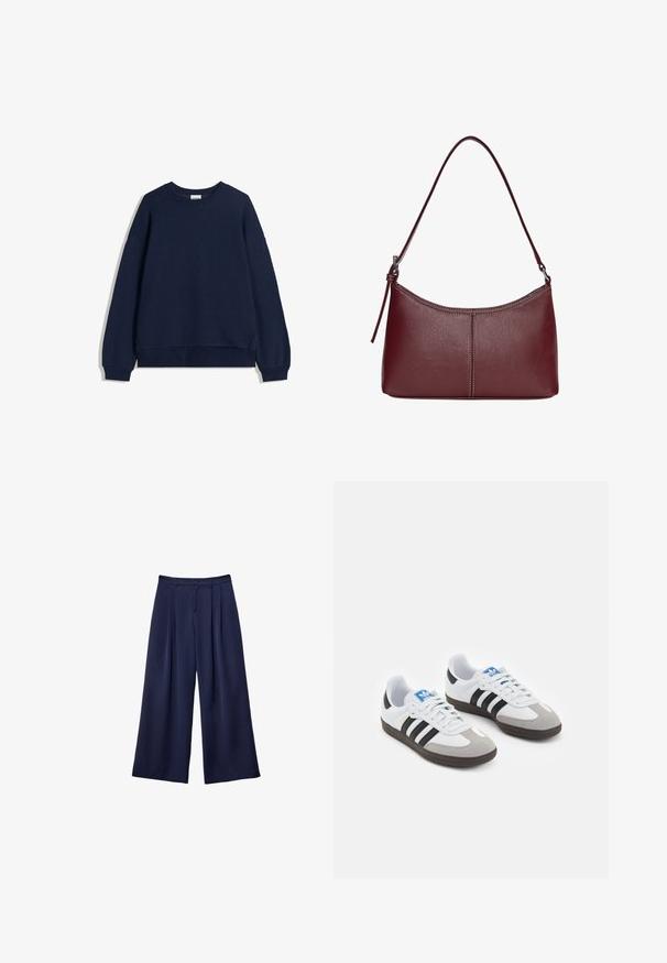 Námořnická modrá mikina z jemného materiálu, s kulatým výstřihem, dlouhými rukávy a žebrovanými manžetami, s volným střihem.; Námorně modré kalhoty s širokými nohavicemi, s plisovaním, knoflíkovým páskem a poutky na opasek, zobrazené položené na bílé pozadí.; Sportovní boty s bílým koženým svrškem, šedou semišovou špičkou a třemi černými pruhy. Obsahují modré logo na jazyku a texturovanou gumovou podrážku.; Vínová kožená kabelka s zakřiveným tvarem, jediným ramenním popruhem a prošíváním ve středu. Hladký povrch, minimální kovové prvky.