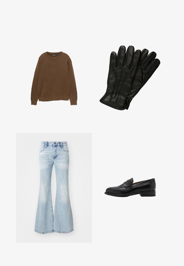Rjava rebrasta pletena jopica z okroglim ovratnikom in dolgimi rokavi. Ima sproščen kroj in teksturiran zaključek.; Črna majica z dolgimi rokavi v nagubani teksturi, s koničastim ovratnikom, sprednjim gumbom za zapiranje in žepom na prsih.; Svetlo modri zvonasti džinsi iz denima, z visokim pasom, dizajnom izbledelosti in klasičnim petkotnim slogom z srebrnimi elementi.; Črne usnjene loaferje z vpisanim sprednjim delom in ravnim peto. Gladka tekstura z okroglo konico in dekorativnim pasom čez zgornji del.; Črne usnjene rokavice z gladko teksturo, pet prstov in subtilnimi šivi. Klasičen dizajn, primeren za uporabo v hladnem vremenu.