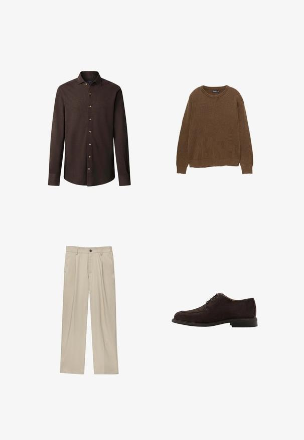 Brauner, gerippter Strickpullover mit Rundhalsausschnitt und langen Ärmeln. Hat eine lockere Passform und eine strukturierte Oberfläche.; Dunkelbraunes Langarmhemd mit Knöpfen, spitzem Kragen und dezentem gesticktem Logo auf der linken Brust.; Beige Hosen mit geradem Schnitt, ausgestattet mit einem einzelnen schwarzen Knopf, Gürtelschlaufen und Seitentaschen. Glatte Stofftextur und minimalistisches Design.; Dunkelbrauner Wildleder-Oxford-Schuh mit rundlicher Zehenpartie, minimalen Nahtdetails und schwarzer Sohle, ausgestattet mit einem klassischen Schnürdesign.