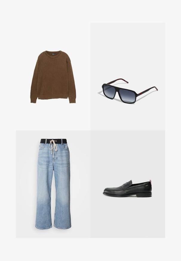 Smeđi rebrasti pleteni pulover s okruglim izrezom i dugim rukavima. Ima opušteni kroj i teksturiranu završnu obradu.; Svijetloplave široke traperice s crnim elastičnim pojasom, koje imaju zatvaranje na vezicu i klasičan dizajn s pet džepova.; Crne kožne loafere s teksturiranim prednjim panelom i glatkim stranama. Imaju uski petu i stražnju petlju za lakše obuvanje. Klasičan dizajn.; Crne pravokutne sunčane naočale s gradijentnim sivim lećama. Imaju crvene naglaske na sljepoočnicama i glatki plastični okvir.