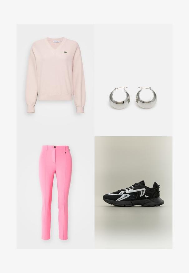 Light pink v-neck sweatshirt made of soft fabric, featuring long sleeves with elastic cuffs and a small green logo accent on the chest.; Pink tailored pants made of stretchy fabric, featuring a front button closure, slim fit, and vertical seams for a streamlined look.; Black athletic shoes with mesh panels, silver accents, and textured black overlays. Features laces and a curved, sturdy outsole.; Silver metal hoop earrings with a smooth, shiny surface and a structured, rounded design. Features a hinged clasp for secure wear.