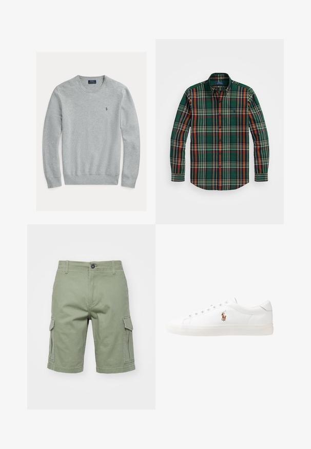 Svetlo sivi pulover s krojenim ovratnikom, z ribastimi manšeti in robom, teksturirana tkanina, s majhnim izvezenim logotipom na levem prsnem delu.; Zeleno karirana srajca na gumb z oranžnimi, mornarsko modrimi in belimi črtami. Ima klasičen ovratnik in dolge rokave, izdelana je iz mehkega bombažnega materiala.; Zelene cargo kratke hlače iz bombaža, z stranskimi žepi, gumbom za zapiranje in šivanim šivom. Oblikovanje je ravno krojeno z robom.; Bela usnjena teniski čevlji, nizki model, z gladko teksturo, okrogle konice, vezavi spredaj ter majhnim vezenim logotipom na strani.