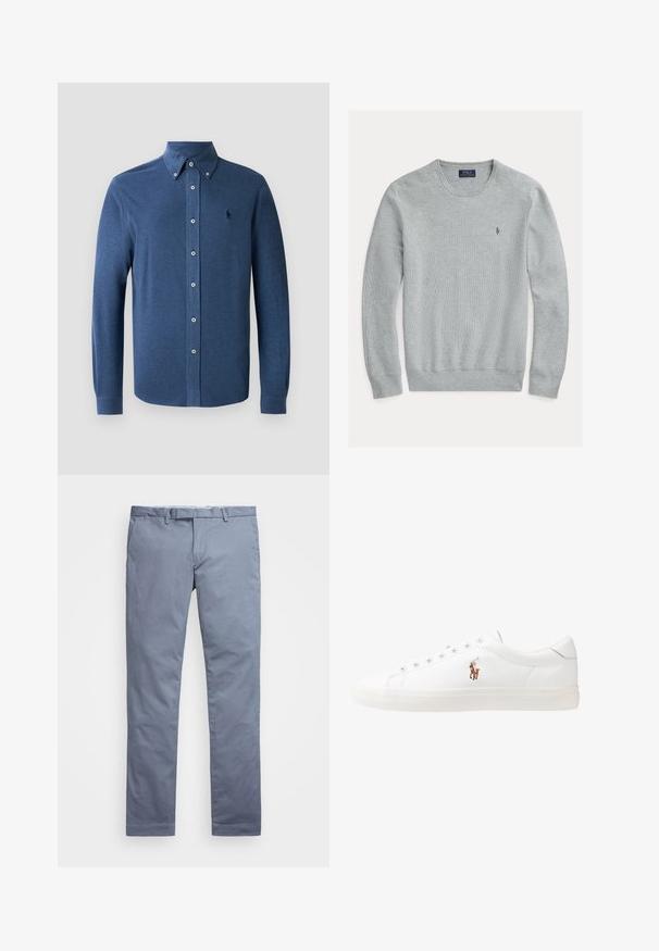 Sweater de gola redonda cinza claro com punhos e bainha canelados, tecido texturizado, apresentando um pequeno logótipo bordado no lado esquerdo do peito.; Camisa azul de manga longa com botões, feita de um tecido suave, com um colarinho estruturado e um único logótipo bordado no peito.; Chinos de algodão azul claro com um corte slim, pernas retas, passantes para cinto e fecho de zip. Apresenta costuras subtis e sem padrões visíveis.; Sapatilhas de couro brancas, design de cano baixo, com textura suave, biqueira redonda, atacadores à frente e um pequeno logótipo bordado na lateral.