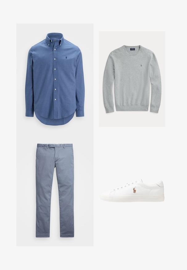 Svijetlosivi džemper s okruglim izrezom, rebrastim manžetama i donjim dijelom, teksturirane tkanine, sa malim izvezenim logom na lijevoj strani prsiju.; Košulja s dugim rukavima od svijetloplavog pamuka, s klasičnim ovratnikom i malim vezom logotipa na prsima.; Svijetloplave pamučne chinos hlače slim kroja s ravnim nogavicama, petljama za pojas i rajsferšlusom. Sadrže diskretne šavove i bez vidljivih uzoraka.; Bijele kožne tenisice, niskog kroja, s glatkom teksturom, okruglim vrhom, vezanjem sprijeda i malim izvezenim logom sa strane.