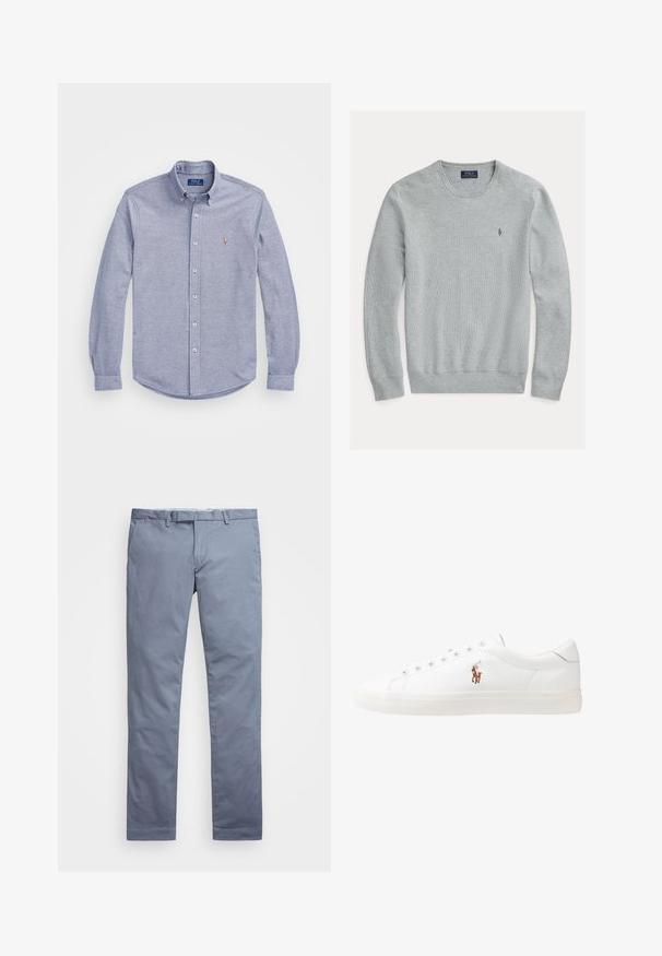 Ανοιχτό γκρι πουλόβερ με ψηλό λαιμό, με χοντρές μανσέτες και στρίφωμα, με υφή υφάσματος, διαθέτει ένα μικρό κεντημένο λογότυπο στο αριστερό στήθος.; Ανοιχτό μπλε πουκάμισο με κουμπιά από βαμβάκι. Διαθέτει πικέ γιακά, μακριά μανίκια και ένα μικρό κεντημένο λογότυπο στο αριστερό στήθος.; Ανοιχτό μπλέ βαμβακερές chinos με εφαρμογή slim, ίσιες γραμμές, θηλιές για ζώνη και κλείσιμο με φερμουάρ. Διαθέτει διακριτές ραφές και χωρίς ορατά μοτίβα.; Λευκά δερμάτινα sneakers, χαμηλού σχεδιασμού, με απαλή υφή, στρογγυλή μύτη, δέσιμο μπροστά και μικρό κεντημένο λογότυπο στο πλάι.