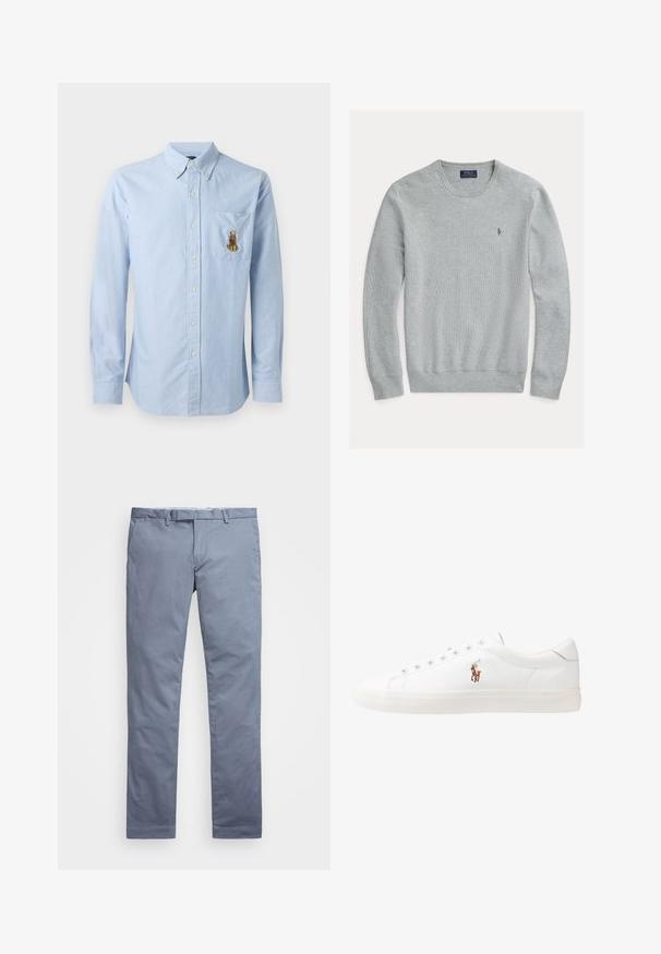 Gaiši pelēks kreklains džemperis ar ribotām aprocēm un apakšmalu, strukturēts audums, ar mazu izšūtu logo kreisajā krūtī.; Gai zila pogu krekls ar garām piedurknēm, krūšu kabata ar brūnu izšuvumu dzīvnieka motīvā, izgatavots no mīksta auduma.; Gaiši zili kokvilnas chinos ar pieguļošu piegriezumu, taisnām kājām, jostas cilpām un ar rāvējslēdzēju. Tam ir maiga šūšana un nav saskatāmu rakstu.; Baltas ādas sporta apavi, zema dizaina, ar gludu tekstūru, noapaļotu purngalu, ar auklēm priekšpusē un nelielu izšūtu logotipu sānos.