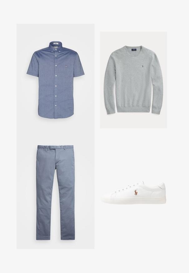 Sweater de gola redonda cinza claro com punhos e bainha canelados, tecido texturizado, apresentando um pequeno logótipo bordado no lado esquerdo do peito.; Camisa de botão de mangas curtas em tecido chambray azul claro, com um bolso no lado esquerdo do peito que apresenta um pequeno emblema de logo e colarinho padrão.; Chinos de algodão azul claro com um corte slim, pernas retas, passantes para cinto e fecho de zip. Apresenta costuras subtis e sem padrões visíveis.; Sapatilhas de couro brancas, design de cano baixo, com textura suave, biqueira redonda, atacadores à frente e um pequeno logótipo bordado na lateral.