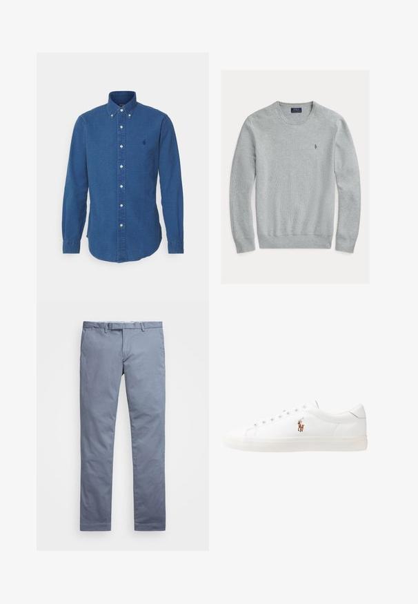 Sweater de gola redonda cinza claro com punhos e bainha canelados, tecido texturizado, apresentando um pequeno logótipo bordado no lado esquerdo do peito.; Camisa azul de botão, com um padrão texturizado, mangas compridas e um colarinho clássico. Inclui botões brancos e um pequeno logotipo no peito.; Chinos de algodão azul claro com um corte slim, pernas retas, passantes para cinto e fecho de zip. Apresenta costuras subtis e sem padrões visíveis.; Sapatilhas de couro brancas, design de cano baixo, com textura suave, biqueira redonda, atacadores à frente e um pequeno logótipo bordado na lateral.