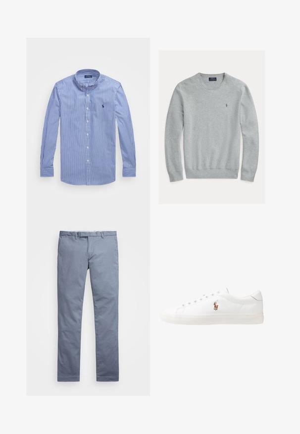 Svetlo sivi pulover s krojenim ovratnikom, z ribastimi manšeti in robom, teksturirana tkanina, s majhnim izvezenim logotipom na levem prsnem delu.; Prugasta modra in bela dolga srajca s kratkimi rokavi in ravnim ovratnikom, ki ima majhen logotip in gumbasto zapiranje. Bombažna tkanina, gladka tekstura.; Svijetloplave pamučne chinos hlače slim kroja, ravne nogavice, petlje za remen i zatvarač s munjom. Sadrže suptilno šivanje i bez vidljivih uzoraka.; Bela usnjena teniski čevlji, nizki model, z gladko teksturo, okrogle konice, vezavi spredaj ter majhnim vezenim logotipom na strani.