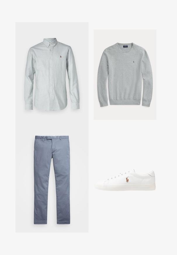 Light gray crewneck sweater with ribbed cuffs and hem, textured fabric, featuring a small embroidered logo on the left chest.; Polo Ralph Lauren SLIM FIT STRIPED OXFORD SHIRT - Shirt - pine/white; Light blue cotton chinos with a slim fit, straight legs, belt loops, and a zip fly. Features subtle stitching and no visible patterns.; White leather sneakers, low-top design, featuring a smooth texture, round toe, laced front, and a small embroidered logo on the side.