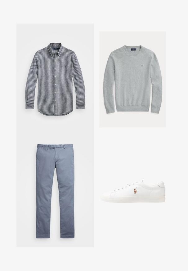 Svetlo sivi pulover s krojenim ovratnikom, z ribastimi manšeti in robom, teksturirana tkanina, s majhnim izvezenim logotipom na levem prsnem delu.; Prazna srajca s črtami v mornarsko modri in beli barvi, z ovratnikom, dolgimi rokavi in ravnim robom. Gladka tkanina z subtilno teksturo.; Svijetloplave pamučne chinos hlače slim kroja, ravne nogavice, petlje za remen i zatvarač s munjom. Sadrže suptilno šivanje i bez vidljivih uzoraka.; Bela usnjena teniski čevlji, nizki model, z gladko teksturo, okrogle konice, vezavi spredaj ter majhnim vezenim logotipom na strani.