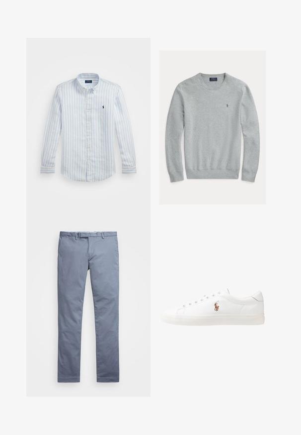 Svetlo sivi pulover s krojenim ovratnikom, z ribastimi manšeti in robom, teksturirana tkanina, s majhnim izvezenim logotipom na levem prsnem delu.; Svijetloplavi i bijeli prugasti dugosleeve majica, pamučni materijal, košulja s dugim rukavima i dugmetima, mali izvezeni logo na prsima, sadrži žute dugmadi.; Svijetloplave pamučne chinos hlače slim kroja, ravne nogavice, petlje za remen i zatvarač s munjom. Sadrže suptilno šivanje i bez vidljivih uzoraka.; Bela usnjena teniski čevlji, nizki model, z gladko teksturo, okrogle konice, vezavi spredaj ter majhnim vezenim logotipom na strani.