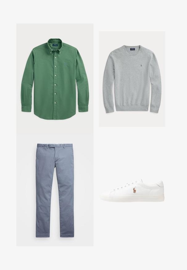 Svijetlosivi džemper s okruglim izrezom, rebrastim manžetama i donjim dijelom, teksturirane tkanine, sa malim izvezenim logom na lijevoj strani prsiju.; Zelena košulja s dugim rukavima i klasičnim ovratnikom, s plavim izvezenim logotipom. Izrađena od pamuka s glatkom teksturom.; Svijetloplave pamučne chinos hlače slim kroja s ravnim nogavicama, petljama za pojas i rajsferšlusom. Sadrže diskretne šavove i bez vidljivih uzoraka.; Bijele kožne tenisice, niskog kroja, s glatkom teksturom, okruglim vrhom, vezanjem sprijeda i malim izvezenim logom sa strane.