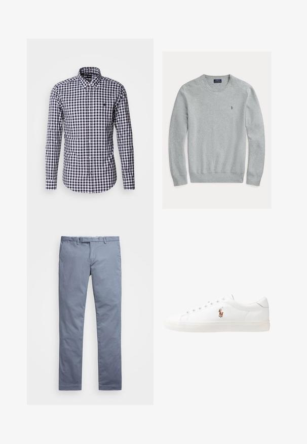 Lys grå crewneck genser med ribbede mansjetter og kant, teksturert stoff, med en liten brodert logo på venstre bryst.; Langermet skjorte med knapper i svart og hvitt rutemønster. Har en klassisk krage, knappeåpninger og en slim fit-design.; Lyseblå bomullschinos med slim fit, rette ben, beltehemper og glidelås. Har subtile sømmer og ingen synlige mønstre.; Hvite lærsko, lavt design, med en glatt tekstur, rund tå, snøring foran, og en liten brodert logo på siden.