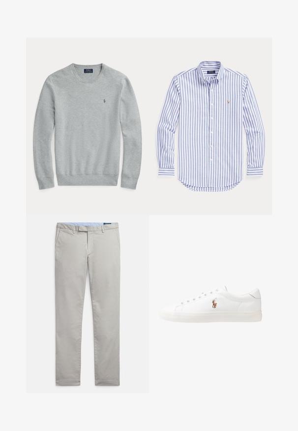 Svetra z dolgimi rokavi v svetlo sivi barvi, pletena, z okroglim ovratnikom, rebrastimi manšetami in robom ter majhnim vezenim logotipom Polo Ralph Lauren na prsih.; Prugasta srajca z dolgimi rokavi v svetlo modri in beli barvi iz bombaža, z ovratnikom na gumbe, ki ima na prsih majhen vezen logotip.; Svetlo sivi hlače chino iz gladkega bombažnega blaga, s klasičnim dizajnom, ravnimi hlačnicami, stranskimi žepi in čistim zaključkom na robovih.; Bela usnjena teniski čevlji, nizki model, z gladko teksturo, okrogle konice, vezavi spredaj ter majhnim vezenim logotipom na strani.