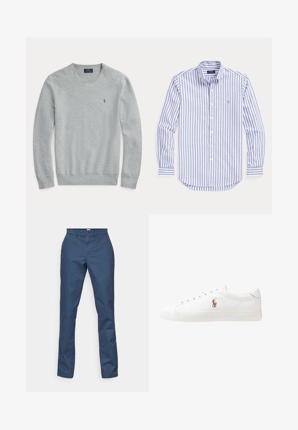 Maglione a maniche lunghe grigio chiaro in maglia con colletto rotondo, polsini e orlo a coste, e piccolo logo ricamato Polo Ralph Lauren sul petto.; Camicia a maniche lunghe a righe in cotone azzurro chiaro e bianco, con colletto button-down, caratterizzata da un piccolo logo ricamato sul petto.; Chinos in cotone blu navy con chiusura a bottone, tasche laterali e design a gamba dritta. Texture liscia e dettagli di cucitura minimi.; Sneakers in pelle bianca, design low-top, caratterizzati da una texture liscia, punta rotonda, chiusura con lacci e un piccolo logo ricamato sul lato.