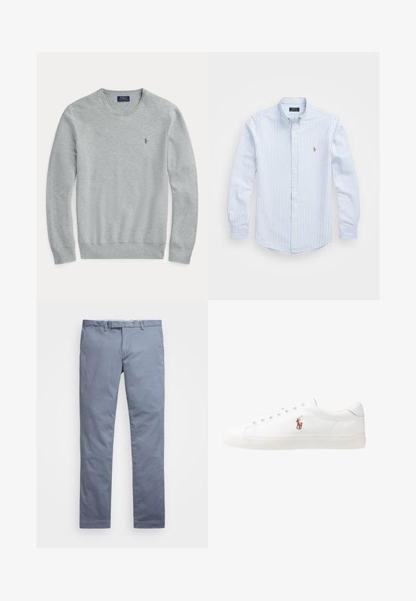 Gaiši pelēks, garām piedurknēm adīts džemperis ar apaļu kaklu, ribotām piedurknēm un apakšmalu, kā arī neliels izšūts Polo Ralph Lauren logo krūtīs.; Gaiši zils un balts svītrains pogājams krekls ar apkakles kakla, garām piedurknēm un mazu izšūtu logo uz krūtīm. Kokvilnas materiāls.; Gaiši zili kokvilnas chinos ar pieguļošu piegriezumu, taisnām kājām, jostas cilpām un ar rāvējslēdzēju. Tam ir maiga šūšana un nav saskatāmu rakstu.; Baltas ādas sporta apavi, zema dizaina, ar gludu tekstūru, noapaļotu purngalu, ar auklēm priekšpusē un nelielu izšūtu logotipu sānos.