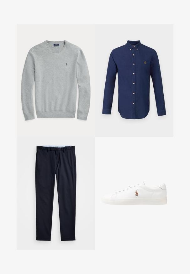 Light gray long-sleeve knit sweater with crew neck, ribbed cuffs and hem, and small embroidered Polo Ralph Lauren logo on chest.; Navy blue long-sleeve shirt made of cotton, featuring a button-down collar and a small gold logo on the chest. Classic fit with button placket.; Navy blue trousers made of smooth fabric, featuring a straight-leg design, belt loops, and a zip fly with button closure.; White leather sneakers, low-top design, featuring a smooth texture, round toe, laced front, and a small embroidered logo on the side.