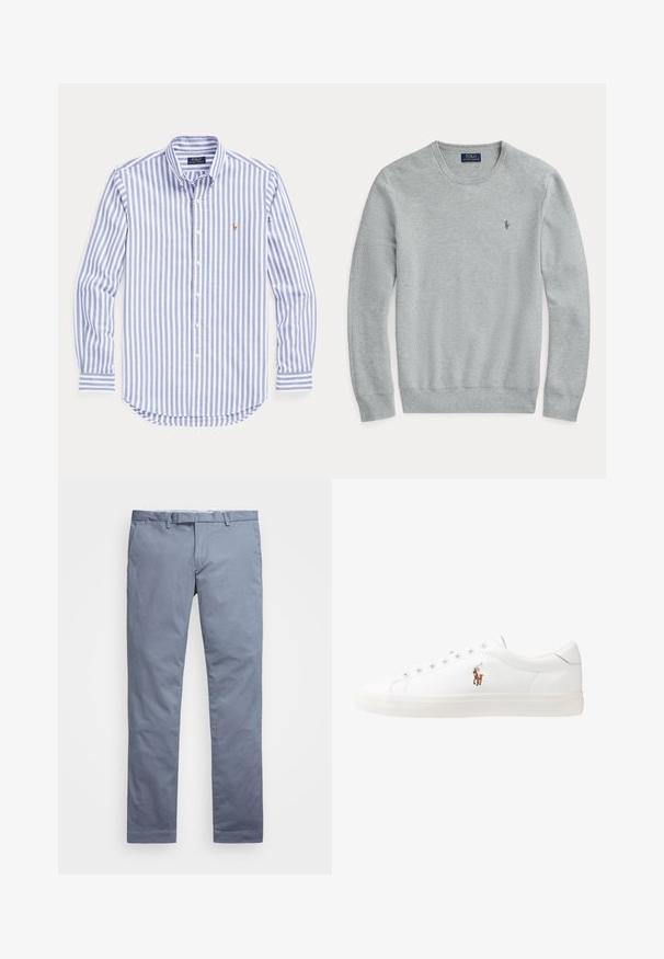 Ανοιχτό γκρι πλεκτό πουλόβερ μακρυμάνικο με στρογγυλή λαιμόκοψη, ραμμένες μανσέτες και στρίφωμα, καθώς και μικρό κεντημένο λογότυπο Polo Ralph Lauren στο στήθος.; Ριγέ μακρυμάνικο πουκάμισο σε ανοιχτό μπλε και λευκό από βαμβάκι με γιακά που κλείνει με κουμπί, διαθέτοντας ένα μικρό κεντημένο λογότυπο στο στήθος.; Ανοιχτό μπλέ βαμβακερές chinos με εφαρμογή slim, ίσιες γραμμές, θηλιές για ζώνη και κλείσιμο με φερμουάρ. Διαθέτει διακριτές ραφές και χωρίς ορατά μοτίβα.; Λευκά δερμάτινα sneakers, χαμηλού σχεδιασμού, με απαλή υφή, στρογγυλή μύτη, δέσιμο μπροστά και μικρό κεντημένο λογότυπο στο πλάι.