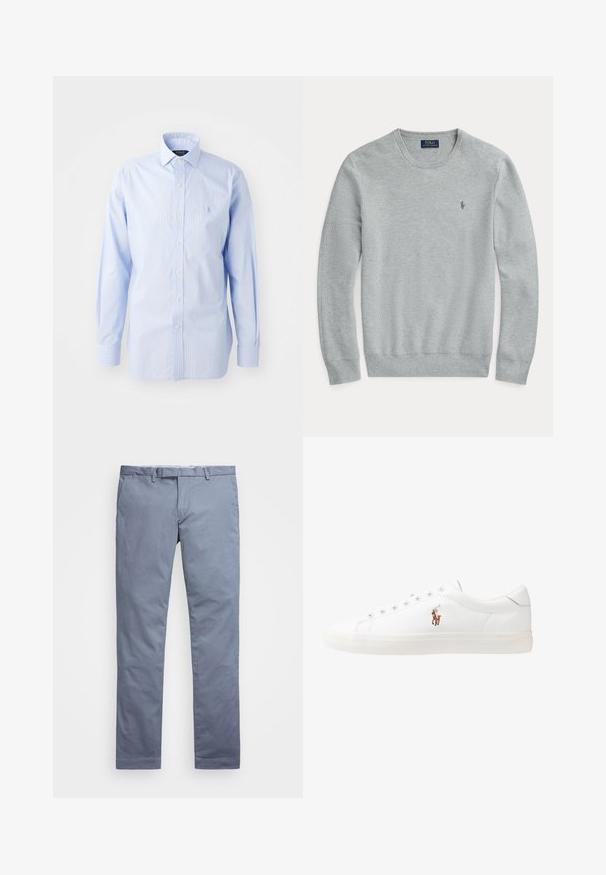 Gaiši pelēks, garām piedurknēm adīts džemperis ar apaļu kaklu, ribotām piedurknēm un apakšmalu, kā arī neliels izšūts Polo Ralph Lauren logo krūtīs.; Gaiši zils svītrains krekls ar pogām, kas iekļauj klasisko apkakli, garām piedurknēm un mazu logo kreisajā krūtī.; Gaiši zili kokvilnas chinos ar pieguļošu piegriezumu, taisnām kājām, jostas cilpām un ar rāvējslēdzēju. Tam ir maiga šūšana un nav saskatāmu rakstu.; Baltas ādas sporta apavi, zema dizaina, ar gludu tekstūru, noapaļotu purngalu, ar auklēm priekšpusē un nelielu izšūtu logotipu sānos.