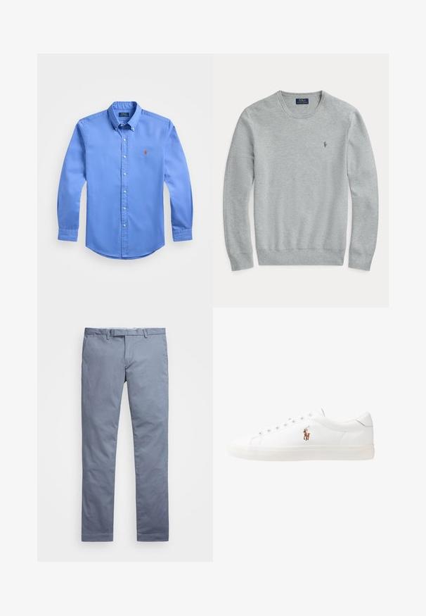 Light gray long-sleeve knit sweater with crew neck, ribbed cuffs and hem, and small embroidered Polo Ralph Lauren logo on chest.; Light blue long-sleeve shirt made of cotton, featuring a button-down collar, front buttons, and a small red embroidered logo on the chest.; Light blue cotton chinos with a slim fit, straight legs, belt loops, and a zip fly. Features subtle stitching and no visible patterns.; White leather sneakers, low-top design, featuring a smooth texture, round toe, laced front, and a small embroidered logo on the side.