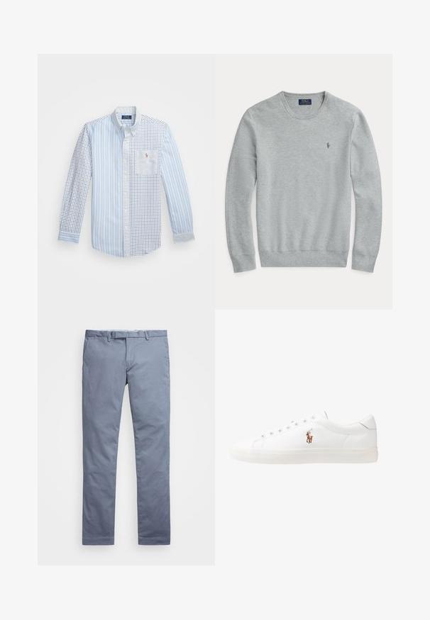 Ανοιχτό γκρι πλεκτό πουλόβερ μακρυμάνικο με στρογγυλή λαιμόκοψη, ραμμένες μανσέτες και στρίφωμα, καθώς και μικρό κεντημένο λογότυπο Polo Ralph Lauren στο στήθος.; Γαλάζιο πουκάμισο με κουμπιά που συνδυάζει κατακόρυφες ρίγες με καρό σχέδιο. Διαθέτει μία τσέπη στο στήθος και λεπτομέρειες με κεντημένο λογότυπο.; Ανοιχτό μπλέ βαμβακερές chinos με εφαρμογή slim, ίσιες γραμμές, θηλιές για ζώνη και κλείσιμο με φερμουάρ. Διαθέτει διακριτές ραφές και χωρίς ορατά μοτίβα.; Λευκά δερμάτινα sneakers, χαμηλού σχεδιασμού, με απαλή υφή, στρογγυλή μύτη, δέσιμο μπροστά και μικρό κεντημένο λογότυπο στο πλάι.
