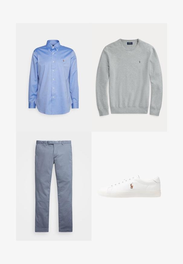 Lichtgrijze gebreide trui met lange mouwen en ronde hals, geribde manchetten en zoom, en klein geborduurd Polo Ralph Lauren-logo op de borst.; Lichtblauw overhemd met knoopsluiting, kraag, lange mouwen en een klein logo op de linkerborst. Gemaakt van gladde katoenen stof.; Lichtblauwe katoenen chinos met een slim fit, rechte pijpen, riemlussen en een ritssluiting. Voorzien van subtiele stiksels en geen zichtbare patronen.; Witte leren sneakers, laag model, met een gladde textuur, ronde neus, vetersluiting aan de voorkant en een klein geborduurd logo aan de zijkant.