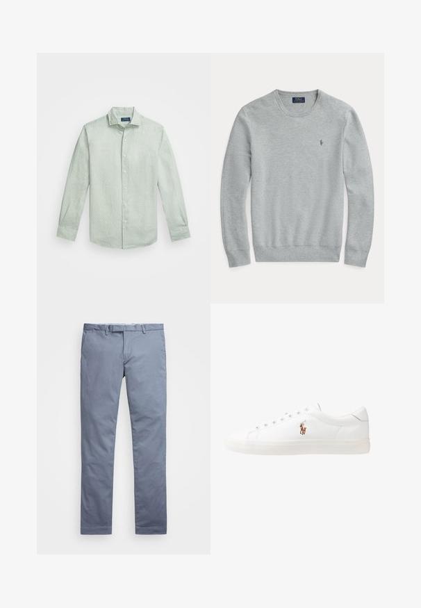 Sweater em malha cinza claro de manga longa com decote redondo, punhos e barra canelados, e pequeno logo bordado da Polo Ralph Lauren no peito.; Camisa botão verde-claro com um pequeno padrão de bolinhas brancas, colarinho clássico, mangas longas e bainha arredondada.; Chinos de algodão azul claro com um corte slim, pernas retas, passantes para cinto e fecho de zip. Apresenta costuras subtis e sem padrões visíveis.; Sapatilhas de couro brancas, design de cano baixo, com textura suave, biqueira redonda, atacadores à frente e um pequeno logótipo bordado na lateral.