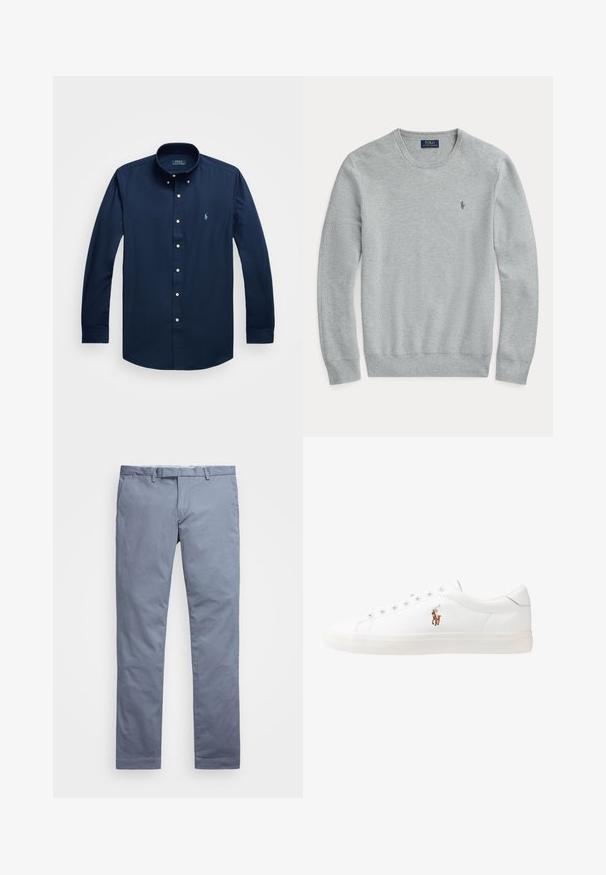 Jasnoszary długi sweter dzianinowy z okrągłym dekoltem, prążkowanymi mankietami i dołem oraz małym haftowanym logiem Polo Ralph Lauren na klatce piersiowej.; Granatowa koszula z długim rękawem zapinana na guziki, wykonana z bawełny, z klasycznym kołnierzykiem, z małym haftowanym logo na piersi i detalami przy guzikach.; Jasnoniebieskie bawełniane chinosy o dopasowanym kroju, prostych nogawkach, z szlufkami na pasek i zamek błyskawiczny. Posiadają delikatne przeszycia i brak widocznych wzorów.; Białe skórzane sneakersy, niskoprofilowy design, charakteryzujące się gładką fakturą, okrągłym noskiem, sznurowanym przodem i małym haftowanym logo z boku.