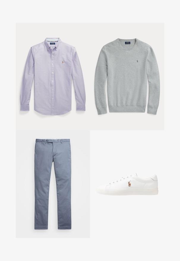 Sweater em malha cinza claro de manga longa com decote redondo, punhos e barra canelados, e pequeno logo bordado da Polo Ralph Lauren no peito.; Camisa de botão lilás clara com mangas compridas, colarinho e logótipo bordado no lado esquerdo do peito. Feita de algodão, com textura suave.; Chinos de algodão azul claro com um corte slim, pernas retas, passantes para cinto e fecho de zip. Apresenta costuras subtis e sem padrões visíveis.; Sapatilhas de couro brancas, design de cano baixo, com textura suave, biqueira redonda, atacadores à frente e um pequeno logótipo bordado na lateral.