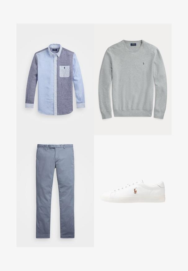 Sweater em malha cinza claro de manga longa com decote redondo, punhos e barra canelados, e pequeno logo bordado da Polo Ralph Lauren no peito.; Camisa de manga longa com um design em patchwork, utilizando tecido xadrez em azul claro e azul escuro. Gola de botão e bolso com detalhe do logo.; Chinos de algodão azul claro com um corte slim, pernas retas, passantes para cinto e fecho de zip. Apresenta costuras subtis e sem padrões visíveis.; Sapatilhas de couro brancas, design de cano baixo, com textura suave, biqueira redonda, atacadores à frente e um pequeno logótipo bordado na lateral.