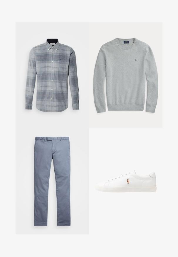 Sweater em malha cinza claro de manga longa com decote redondo, punhos e barra canelados, e pequeno logo bordado da Polo Ralph Lauren no peito.; Barbour BLAIR TAILORED TARTAN SHIRT - Camisa - blue granite; Chinos de algodão azul claro com um corte slim, pernas retas, passantes para cinto e fecho de zip. Apresenta costuras subtis e sem padrões visíveis.; Sapatilhas de couro brancas, design de cano baixo, com textura suave, biqueira redonda, atacadores à frente e um pequeno logótipo bordado na lateral.