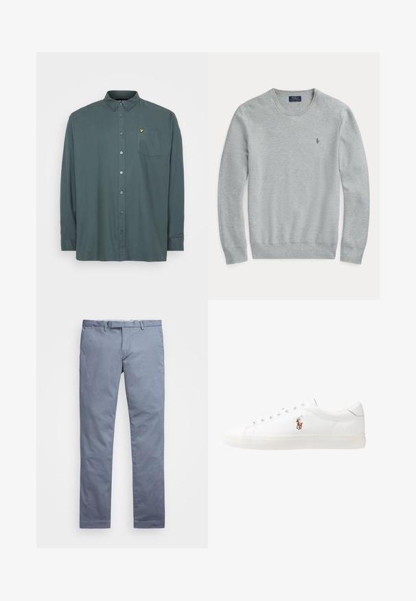 Maglione a maniche lunghe grigio chiaro in maglia con colletto rotondo, polsini e orlo a coste, e piccolo logo ricamato Polo Ralph Lauren sul petto.; Camicia a maniche lunghe con bottoni in tessuto verde scuro, dotata di taschino sul petto e di un piccolo logo giallo sul lato sinistro. Texture liscia.; Chinos in cotone blu chiaro con una vestibilità slim, gambe dritte, passanti per cintura e chiusura con zip. Presentano cuciture sottili e nessun motivo visibile.; Sneakers in pelle bianca, design low-top, caratterizzati da una texture liscia, punta rotonda, chiusura con lacci e un piccolo logo ricamato sul lato.