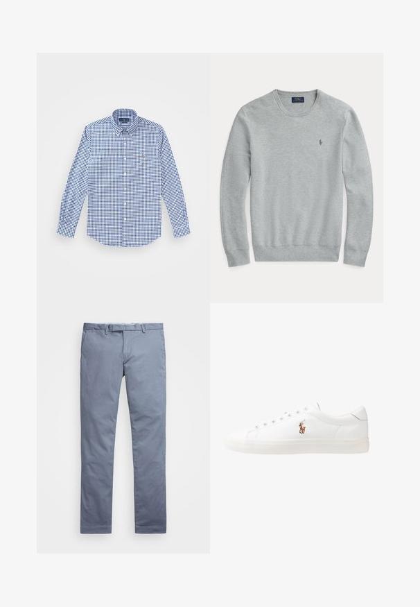 Jasnoszary długi sweter dzianinowy z okrągłym dekoltem, prążkowanymi mankietami i dołem oraz małym haftowanym logiem Polo Ralph Lauren na klatce piersiowej.; Niebieska i biała w kratę koszula z długim rękawem, z kołnierzykiem zapinanym na guziki i małym haftowanym logo na piersi. Dzianina bawełniana.; Jasnoniebieskie bawełniane chinosy o dopasowanym kroju, prostych nogawkach, z szlufkami na pasek i zamek błyskawiczny. Posiadają delikatne przeszycia i brak widocznych wzorów.; Białe skórzane sneakersy, niskoprofilowy design, charakteryzujące się gładką fakturą, okrągłym noskiem, sznurowanym przodem i małym haftowanym logo z boku.