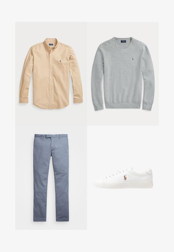 Jasnoszary długi sweter dzianinowy z okrągłym dekoltem, prążkowanymi mankietami i dołem oraz małym haftowanym logiem Polo Ralph Lauren na klatce piersiowej.; Jasno beżowa koszula z długim rękawem wykonana z bawełny, z klasycznym kołnierzykiem, białymi guzikami i małym niebieskim logo na piersi.; Jasnoniebieskie bawełniane chinosy o dopasowanym kroju, prostych nogawkach, z szlufkami na pasek i zamek błyskawiczny. Posiadają delikatne przeszycia i brak widocznych wzorów.; Białe skórzane sneakersy, niskoprofilowy design, charakteryzujące się gładką fakturą, okrągłym noskiem, sznurowanym przodem i małym haftowanym logo z boku.