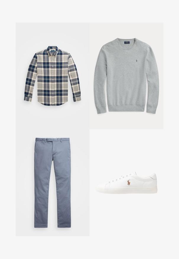 Világosszürke, hosszú ujjú kötött pulóver kerek nyakkal, bordás mandzsettával és szegéllyel, valamint kis hímzett Polo Ralph Lauren logóval a mellkasán.; Kockás ing sötétkék, krém és szürke színben; hosszú ujjú, gombos gallérral és ívelt szabással; mellzsebből és diszkrét márkajelzésből áll.; Világoskék pamut chinos nadrág, slim fit szabású, egyenes lábakkal, övtartókkal és cipzáros záródással. Finom varrásokkal rendelkezik, és nincsenek rajta látható minták.; Fehér bőr sportcipők, alacsony fazonban, sima textúrával, kerek orral, fűzős előlappal és egy kis hímezett logóval az oldalon.