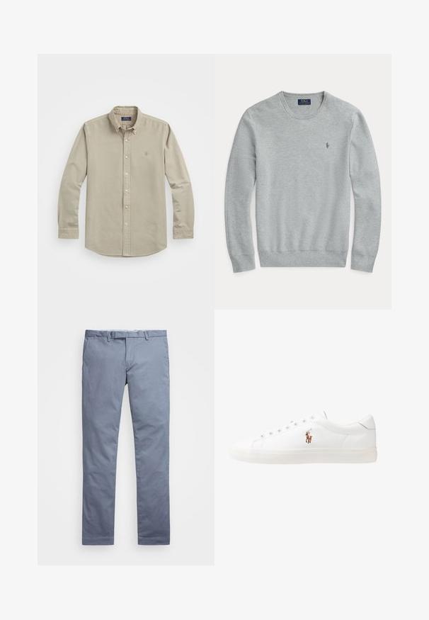 Ανοιχτό γκρι πλεκτό πουλόβερ μακρυμάνικο με στρογγυλή λαιμόκοψη, ραμμένες μανσέτες και στρίφωμα, καθώς και μικρό κεντημένο λογότυπο Polo Ralph Lauren στο στήθος.; Μπεζ πουκάμισο μακρυμάνικο με κουμπιά, με κολάρο που κουμπώνει, που διαθέτει ένα μικρό λογότυπο στην αριστερή πλευρά του στήθους και μαλακό βαμβακερό ύφασμα.; Ανοιχτό μπλέ βαμβακερές chinos με εφαρμογή slim, ίσιες γραμμές, θηλιές για ζώνη και κλείσιμο με φερμουάρ. Διαθέτει διακριτές ραφές και χωρίς ορατά μοτίβα.; Λευκά δερμάτινα sneakers, χαμηλού σχεδιασμού, με απαλή υφή, στρογγυλή μύτη, δέσιμο μπροστά και μικρό κεντημένο λογότυπο στο πλάι.